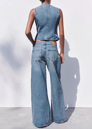 Fine Blue O Neck Button Denim Two Piece Set Sleeveless