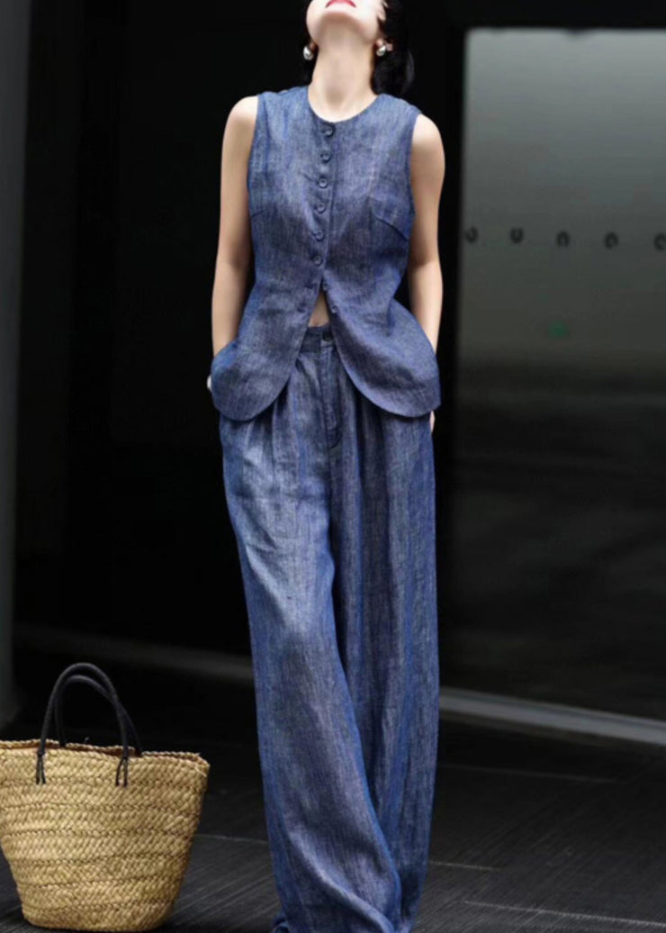 Fine Blue O Neck Button Denim Two Pieces Set Sleeveless