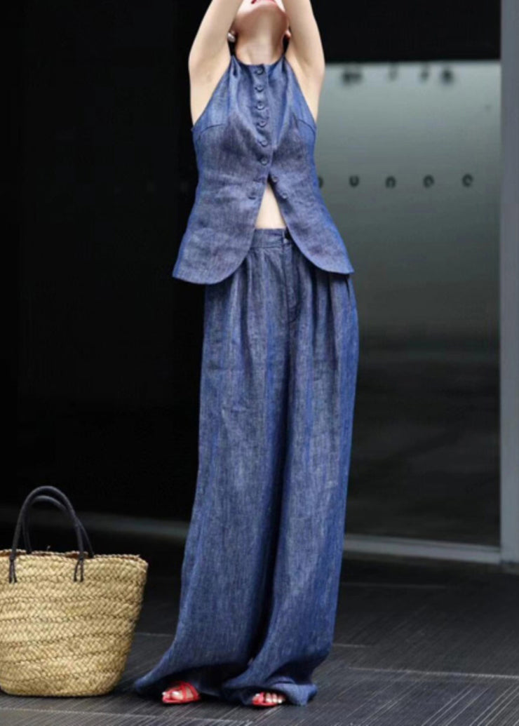 Fine Blue O Neck Button Denim Two Pieces Set Sleeveless