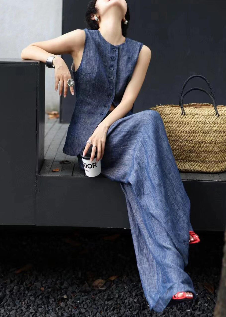Fine Blue O Neck Button Denim Two Pieces Set Sleeveless