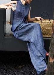 Fine Blue O Neck Button Denim Two Pieces Set Sleeveless