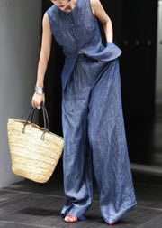 Fine Blue O Neck Button Denim Two Pieces Set Sleeveless