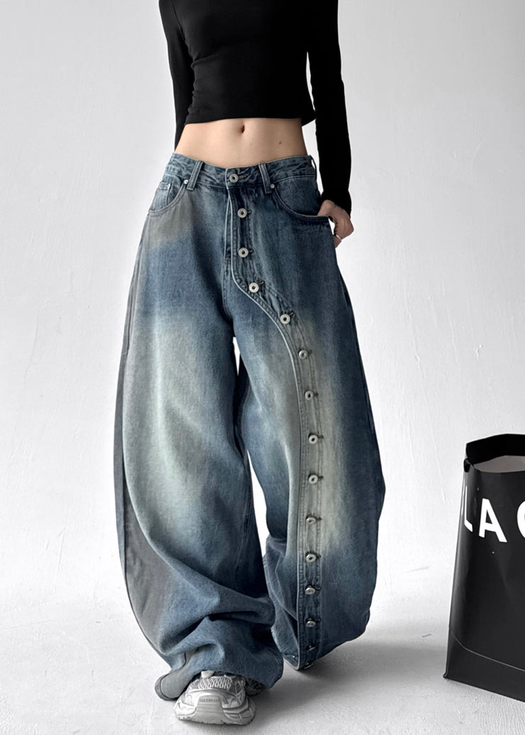 Fine Blue Oversized Rivet Denim Wide Leg Pants Fall