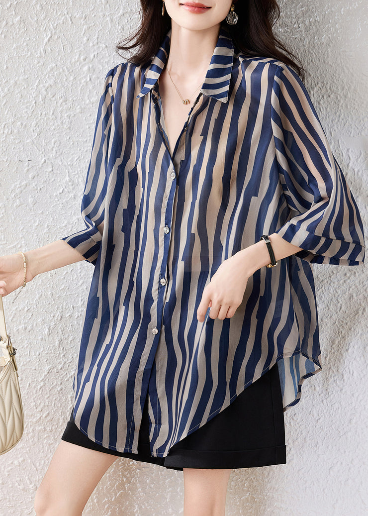 Fine Blue Oversized Striped Chiffon Blouse Tops Half Sleeve