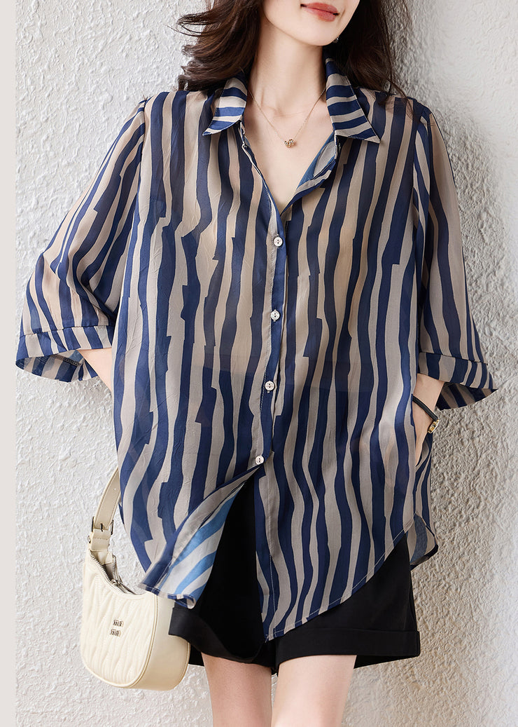 Fine Blue Oversized Striped Chiffon Blouse Tops Half Sleeve