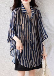 Fine Blue Oversized Striped Chiffon Blouse Tops Half Sleeve