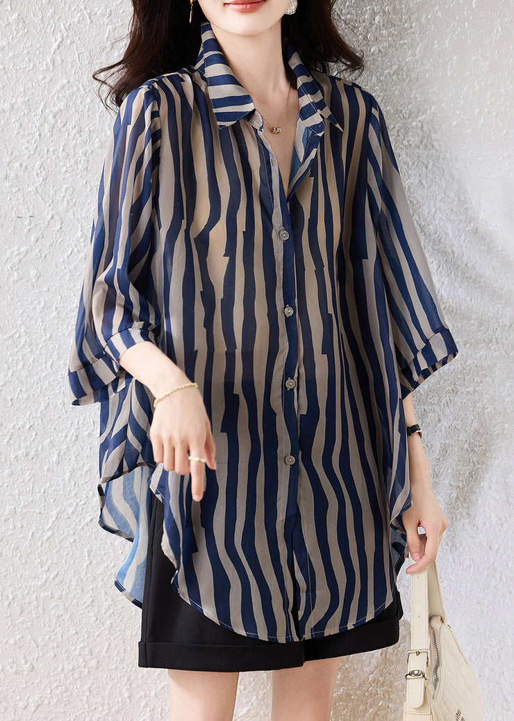 Fine Blue Oversized Striped Chiffon Blouse Tops Half Sleeve