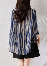 Fine Blue Oversized Striped Chiffon Blouse Tops Half Sleeve