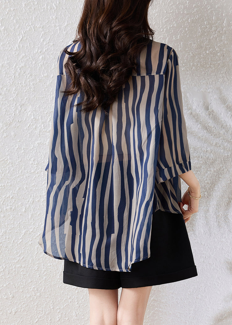 Fine Blue Oversized Striped Chiffon Blouse Tops Half Sleeve