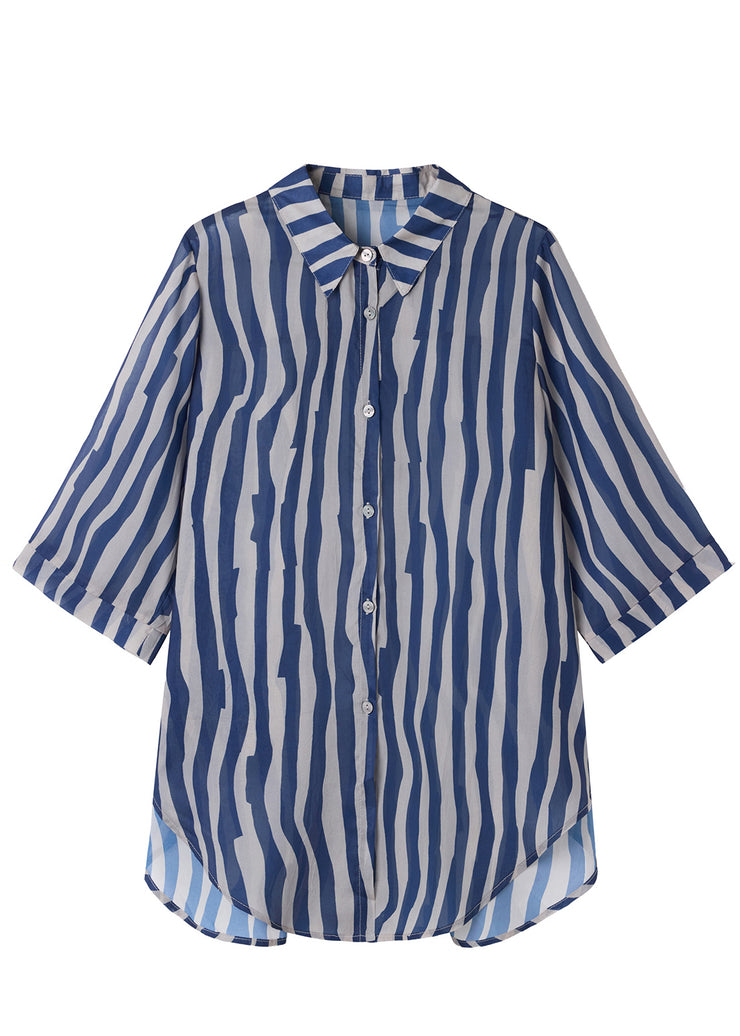 Fine Blue Oversized Striped Chiffon Blouse Tops Half Sleeve