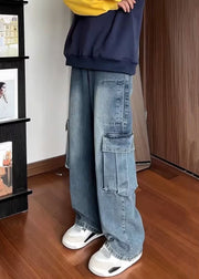 Fine Blue Pockets High Waist Denim Mens Straight Pants Spring
