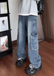 Fine Blue Pockets High Waist Denim Mens Straight Pants Spring