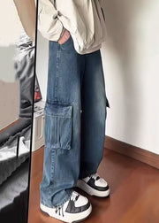 Fine Blue Pockets High Waist Denim Mens Straight Pants Spring
