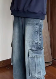 Fine Blue Pockets High Waist Denim Mens Straight Pants Spring