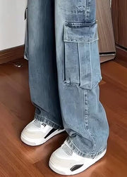 Fine Blue Pockets High Waist Denim Mens Straight Pants Spring
