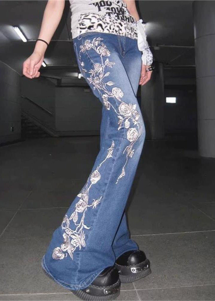 Fine Blue Rose Print Pockets High Waist Denim Flared Trousers Fall