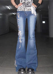 Fine Blue Rose Print Pockets High Waist Denim Flared Trousers Fall