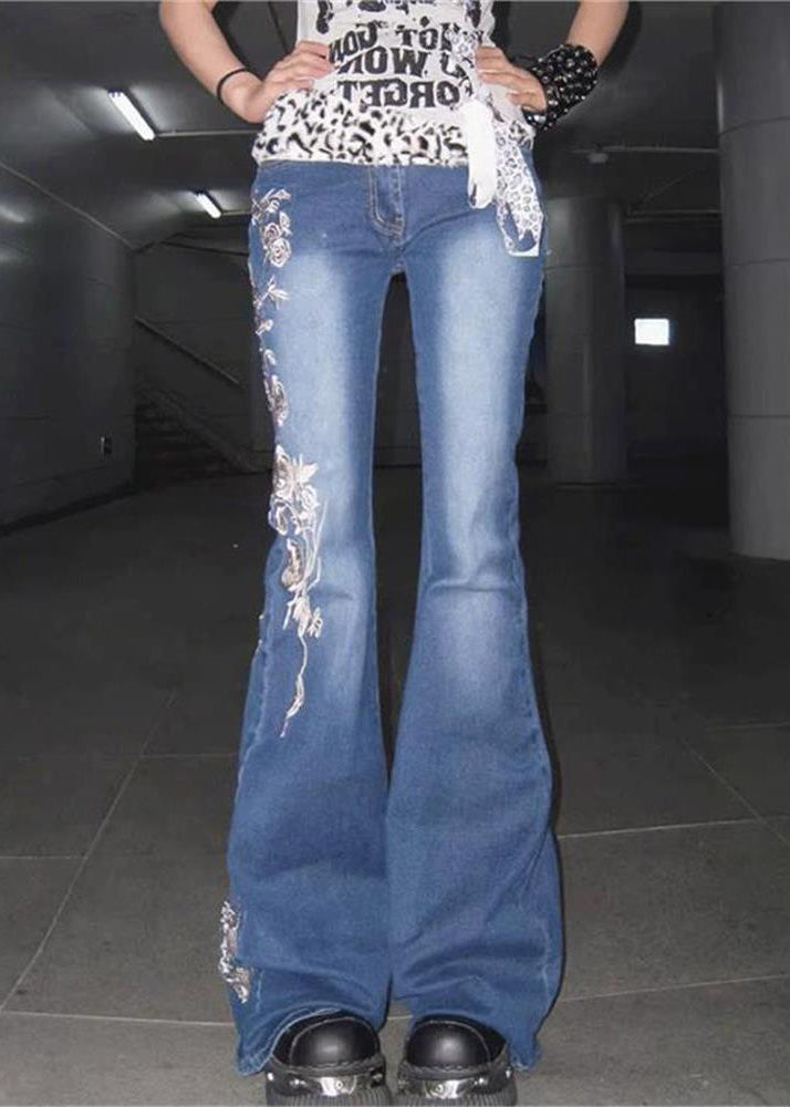 Fine Blue Rose Print Pockets High Waist Denim Flared Trousers Fall