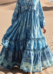 Fine Blue Ruffled Tie Dye Exra Large Hem Cotton Dress Spring