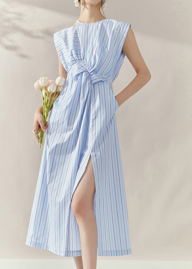 Fine Blue Striped Asymmetrical Side Open Long Dress Summer