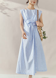 Fine Blue Striped Asymmetrical Side Open Long Dress Summer