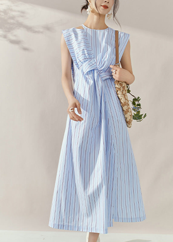 Fine Blue Striped Asymmetrical Side Open Long Dress Summer