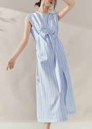 Fine Blue Striped Asymmetrical Side Open Long Dress Summer