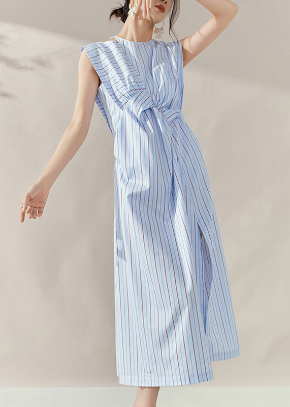 Fine Blue Striped Asymmetrical Side Open Long Dress Summer