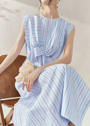 Fine Blue Striped Asymmetrical Side Open Long Dress Summer