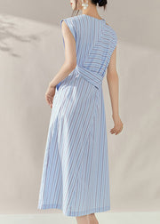 Fine Blue Striped Asymmetrical Side Open Long Dress Summer