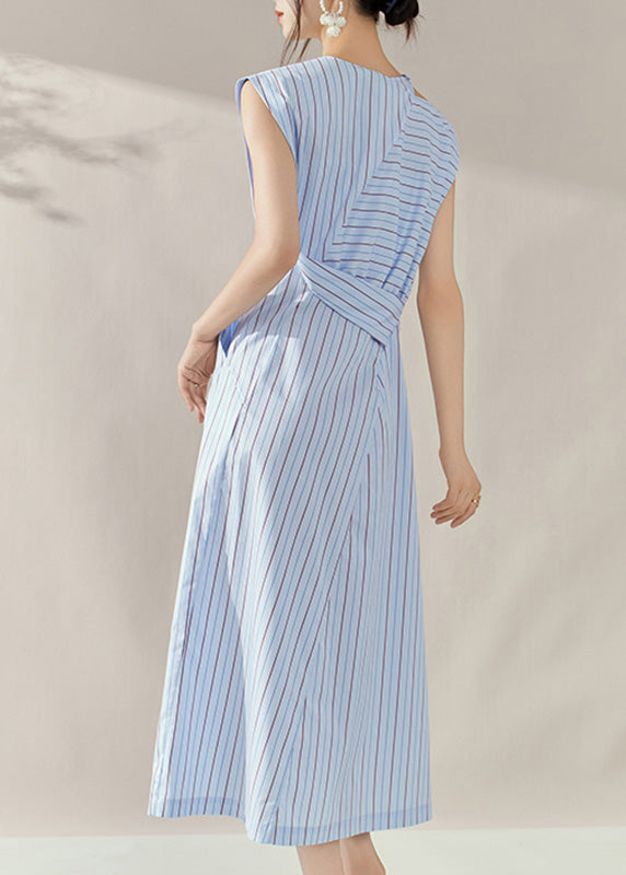 Fine Blue Striped Asymmetrical Side Open Long Dress Summer