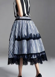 Fine Blue Striped Patchwork Lace Skirts Exra Large Hem Summer