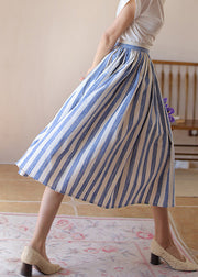 Fine Blue Striped Wrinkled High Waist Cotton Skirt Summer