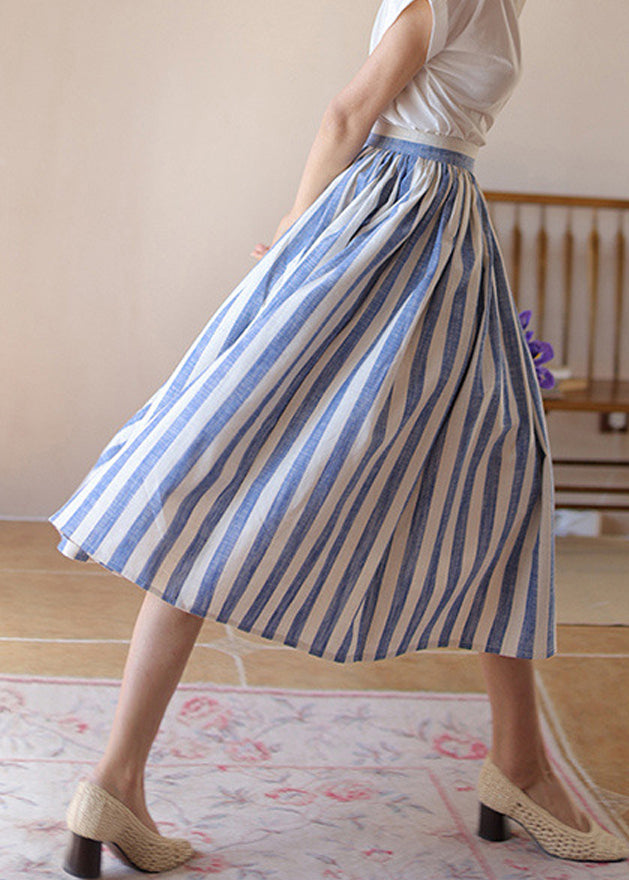 Fine Blue Striped Wrinkled High Waist Cotton Skirt Summer