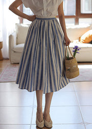 Fine Blue Striped Wrinkled High Waist Cotton Skirt Summer