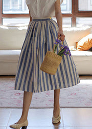 Fine Blue Striped Wrinkled High Waist Cotton Skirt Summer