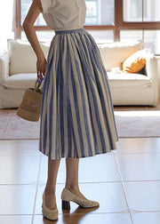 Fine Blue Striped Wrinkled High Waist Cotton Skirt Summer