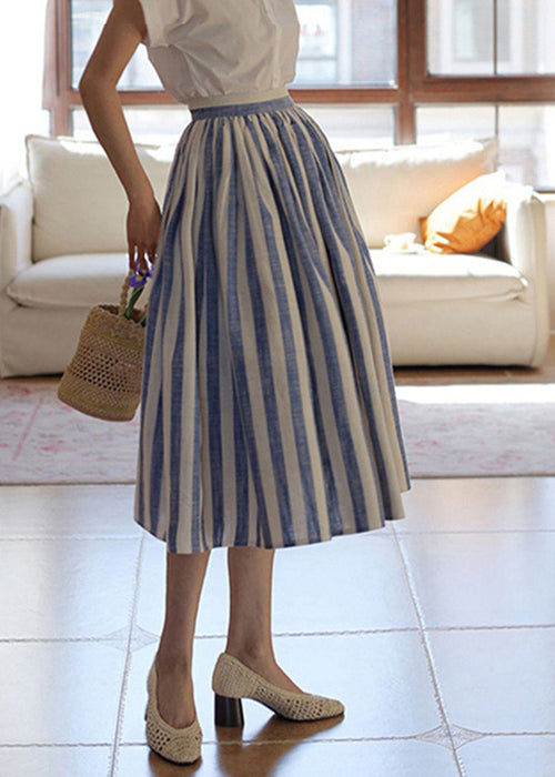 Fine Blue Striped Wrinkled High Waist Cotton Skirt Summer
