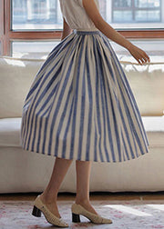 Fine Blue Striped Wrinkled High Waist Cotton Skirt Summer
