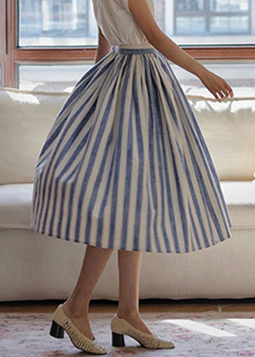 Fine Blue Striped Wrinkled High Waist Cotton Skirt Summer