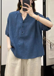Fine Blue V Neck Button Solid Linen Top Summer