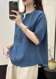 Fine Blue V Neck Button Solid Linen Top Summer