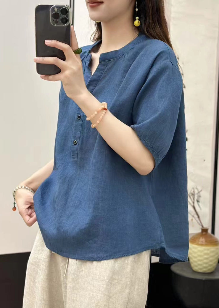 Fine Blue V Neck Button Solid Linen Top Summer