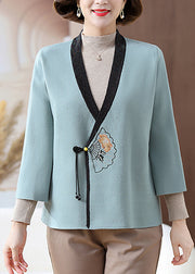 Fine Blue V Neck Print Knit Cardigans Fall