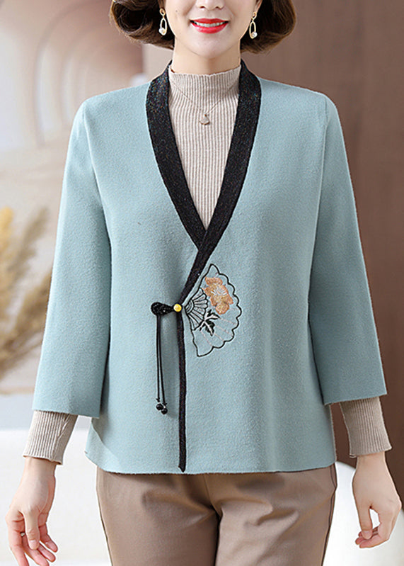 Fine Blue V Neck Print Knit Cardigans Fall