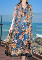 Fine Blue V Neck Print 2025 Silk Fake Two Piece Vacation Dresses Short Sleeve