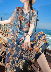 Fine Blue V Neck Print 2025 Silk Fake Two Piece Vacation Dresses Short Sleeve