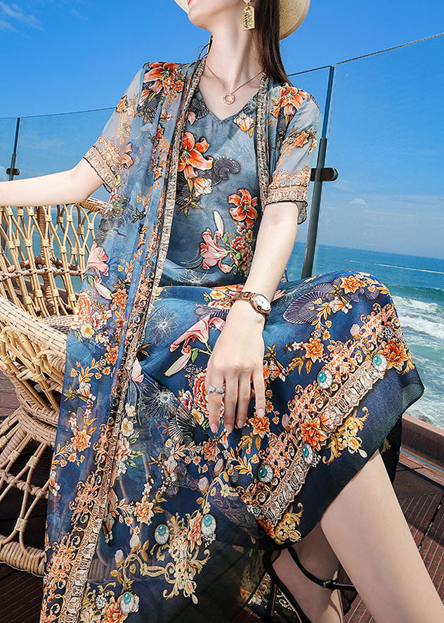 Fine Blue V Neck Print 2025 Silk Fake Two Piece Vacation Dresses Short Sleeve