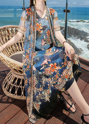 Fine Blue V Neck Print 2025 Silk Fake Two Piece Vacation Dresses Short Sleeve
