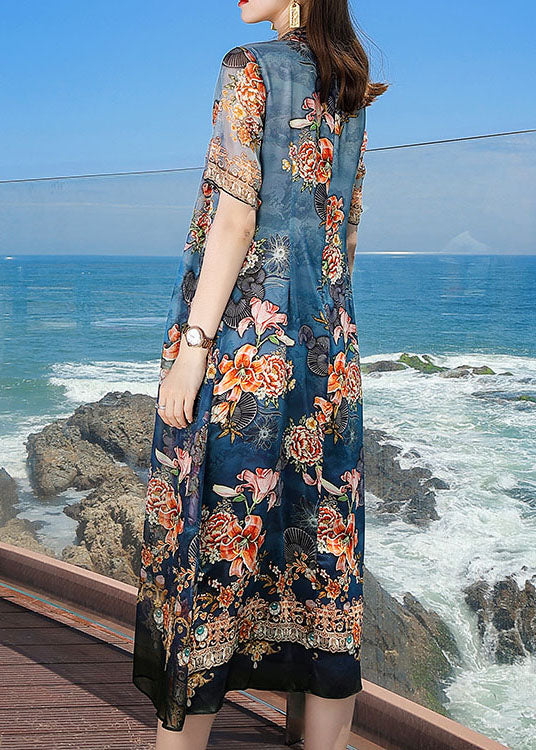 Fine Blue V Neck Print 2025 Silk Fake Two Piece Vacation Dresses Short Sleeve